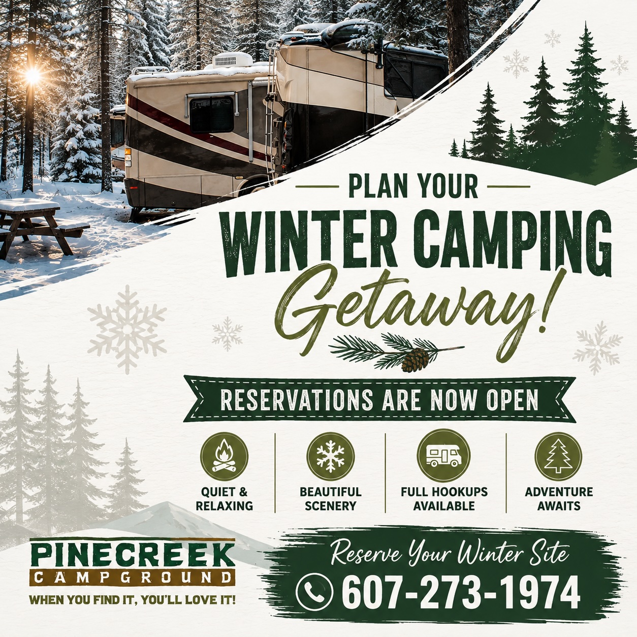 Winter Camping at Pinecreek Campground – Newfield, NY Winter RV camping at Pinecreek Campground in Newfield, NY with full hookup sites available